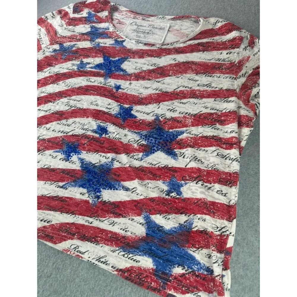 Onque Casuals Womens XL Patriotic USA Flag Shirt Rhinestone Stars Burnout